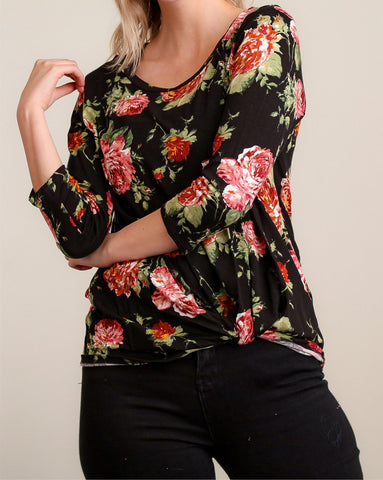 Black floral front twist top