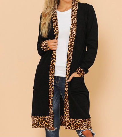 Black cardigan with animal print trim