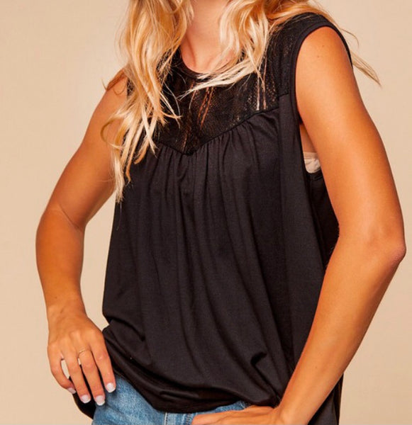 Black lace yoke neck sleeveless top