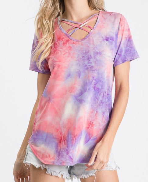 Crisscross neck tie dye top