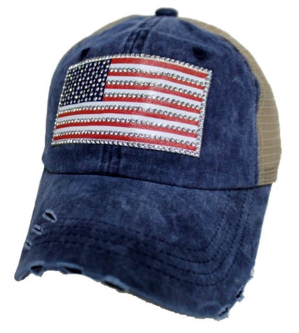 Navy rhinestone flag trucker hat