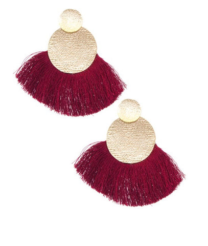 Earrings large round metal with tassel