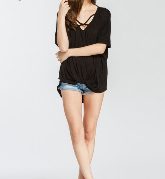 Black front twist crisscross neckline short sleeve top