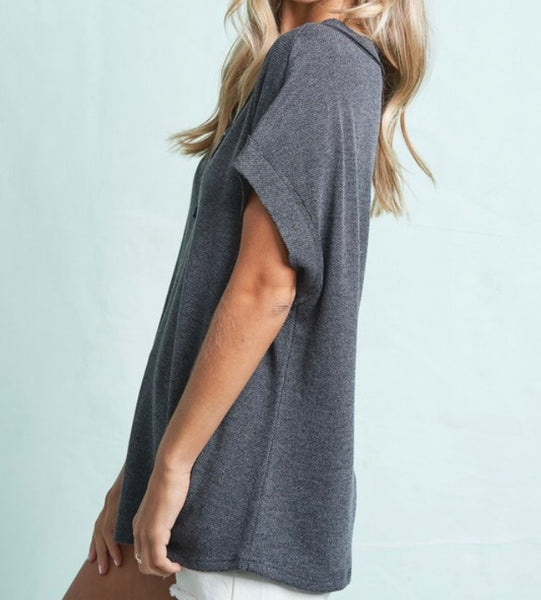 Charcoal v-neck button detail top