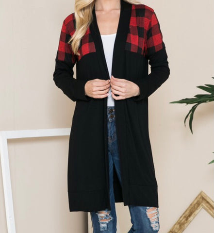 Black cardigan Buffalo plaid shoulder