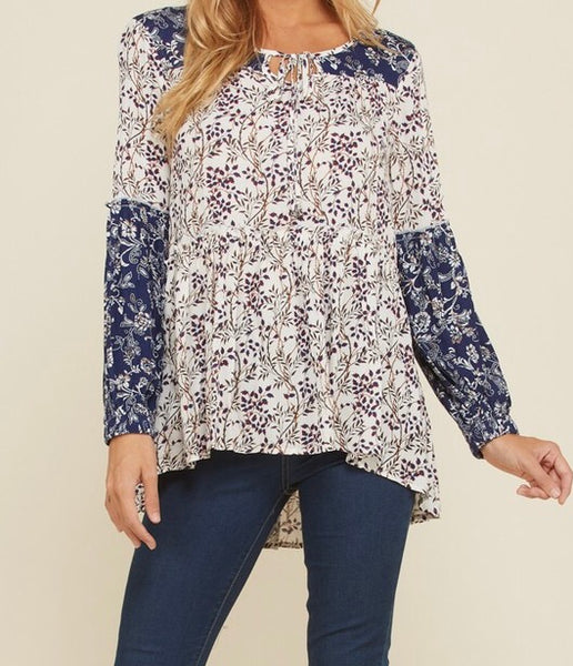 Navy floral front neck tie Hi-Low tunic top