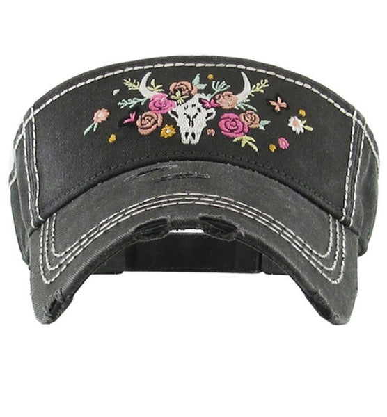 Floral cow skull sun visor