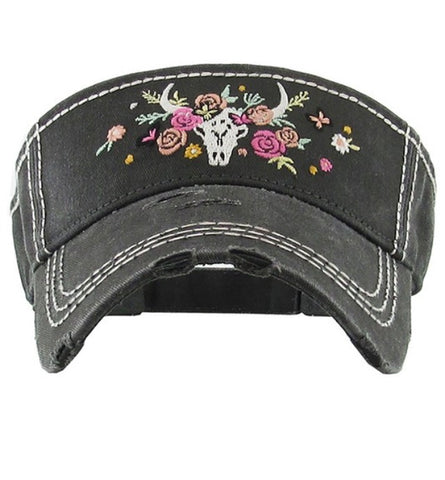 Floral cow skull sun visor