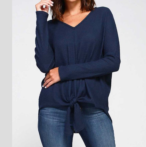 Navy front tie waffle knit top