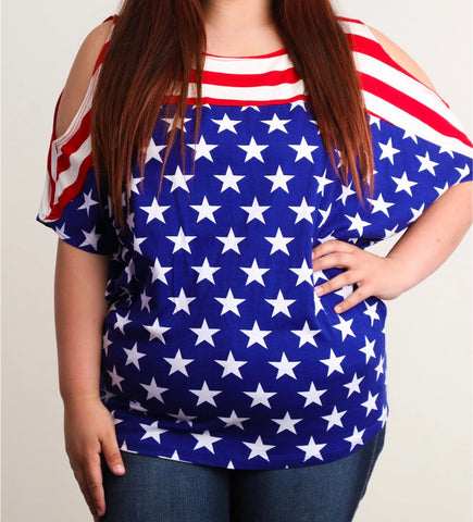 Plus flag print cold shoulder top