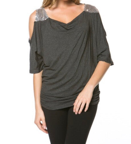 Charcoal cutout shoulder with sparkling embellishments