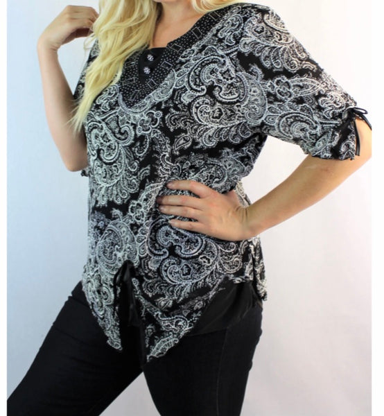 Plus black/white jewel embellished top