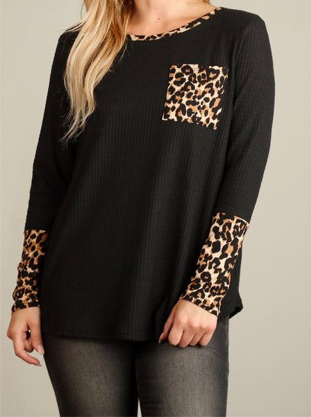 Black thermal & animal print top