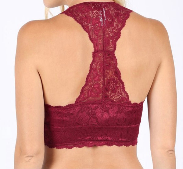 Lace bralette hourglass back burgundy