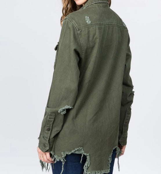 Distressed olive shirt jacket