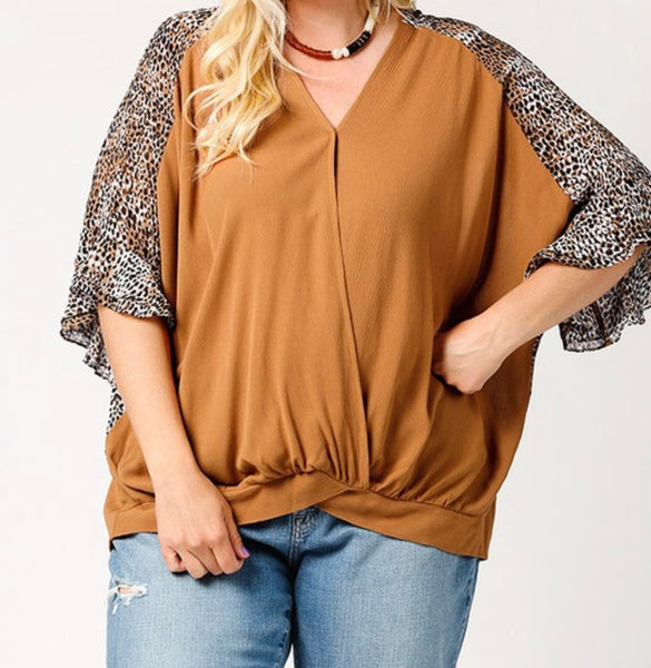 Plus leopard/ camel mixed print top