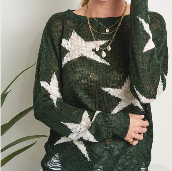 Hunter green star print distressed sweater