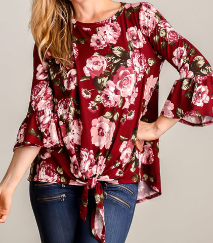 Burgundy floral bell sleeve front tie top