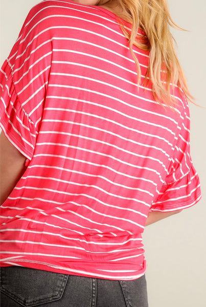 Coral and white striped button down tie hem top