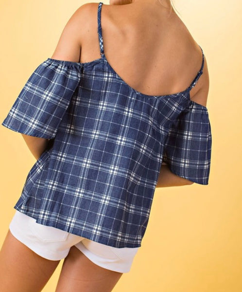 Denim plaid open shoulder top