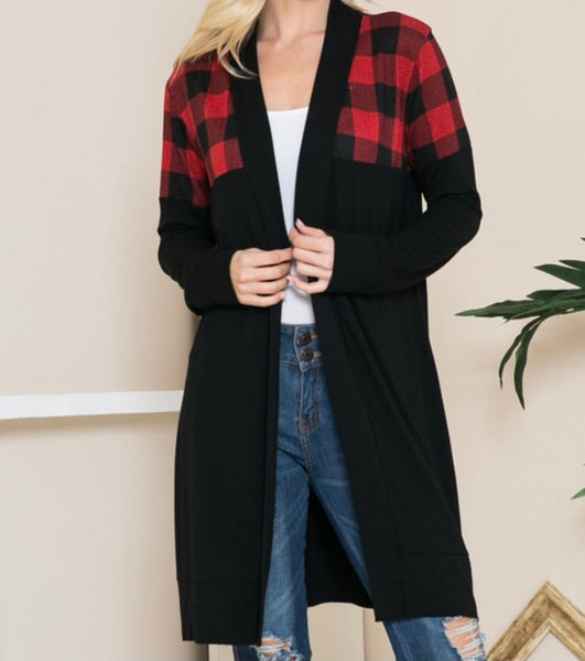 Black cardigan Buffalo plaid shoulder