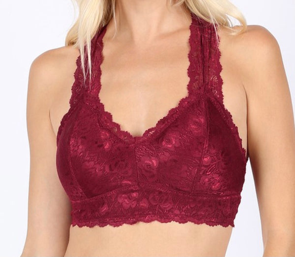 Lace bralette hourglass back burgundy