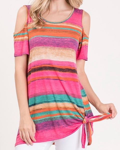 Plus cold shoulder, multi striped top