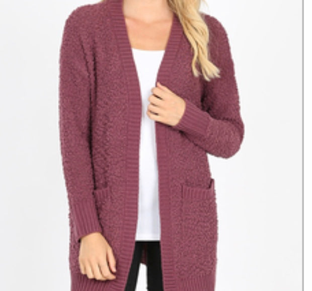 Eggplant popcorn cardigan with pockets