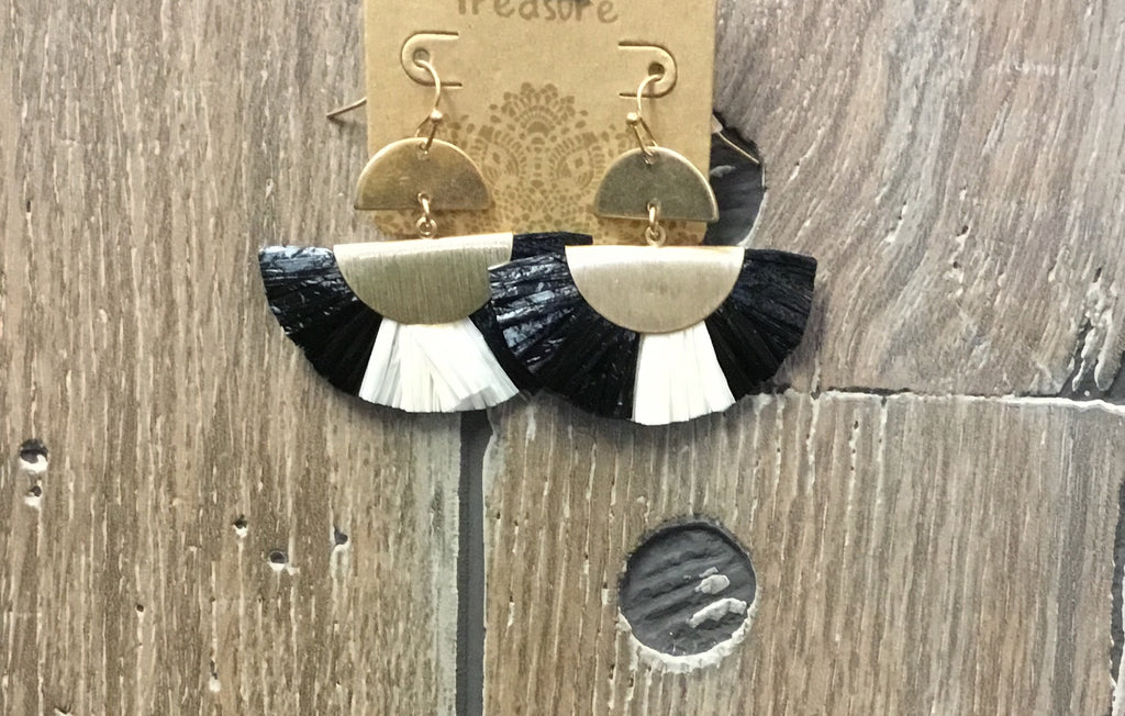 Earrings black & white fringe semi circle