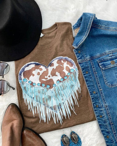 Brown fringe heart T-shirt