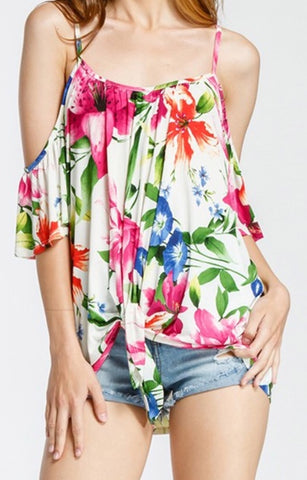 Floral open shoulder spaghetti strap top