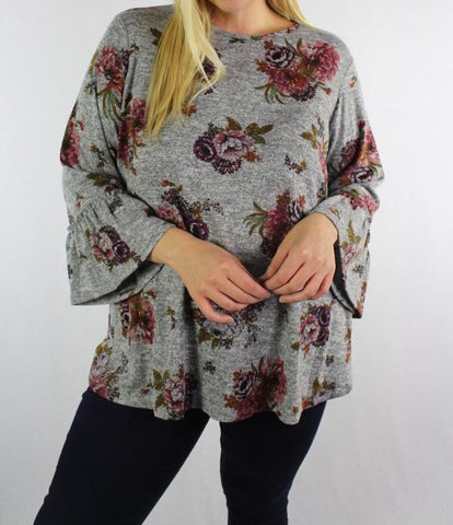 Plus gray floral bell sleeve top