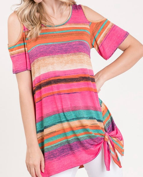 Plus cold shoulder, multi striped top