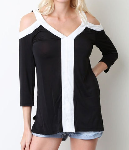 Cold shoulder black & white 3/4 sleeve top