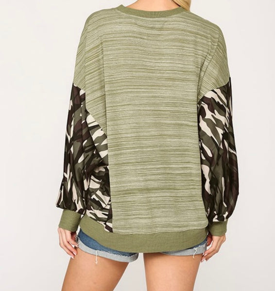 Camo sleeve dolman top