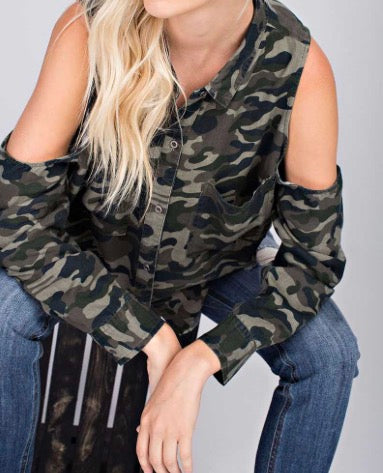 Camo button down cold shoulder top