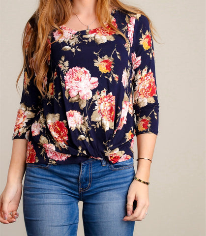 Navy floral front twist top