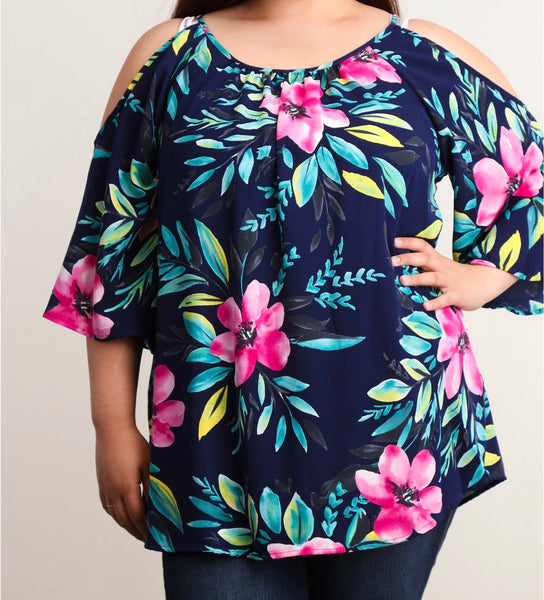 Plus navy floral cold shoulder blouse