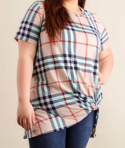 Plus pink/navy/teal plaid top with knotted hem