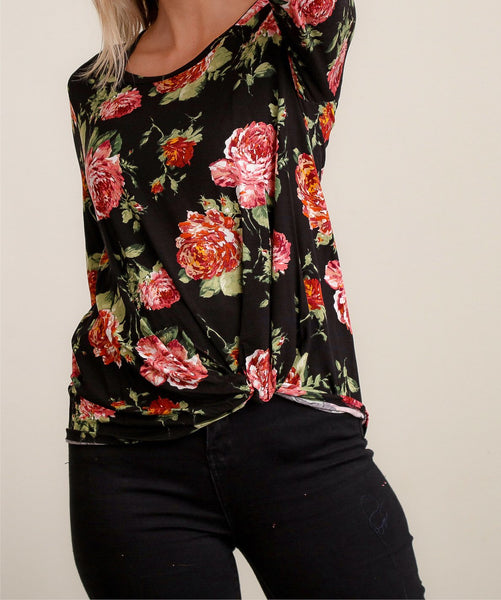 Black floral front twist top