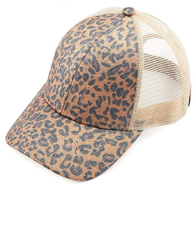 Leopard/beige glitter ponytail hat