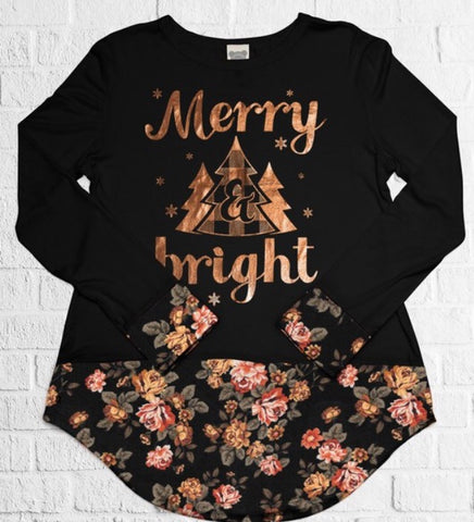 Plus merry and bright top black with floral trim