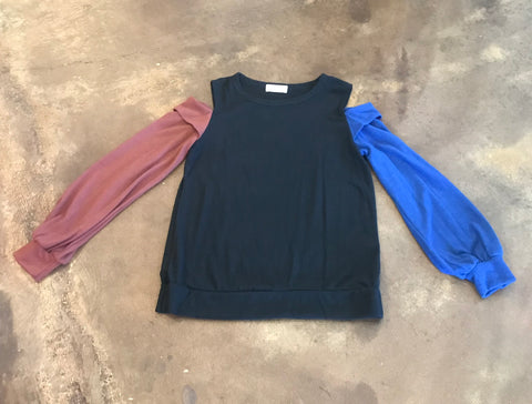 Black cold shoulder color block sleeve top