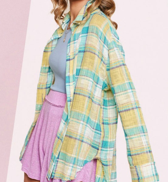 Yellow/teal plaid button down top