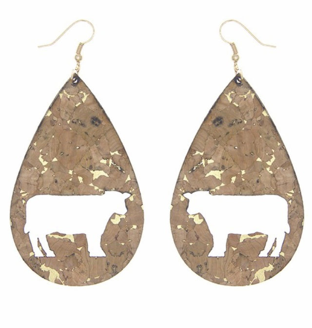 Brown cork cow cutout earrings