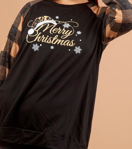 Plus holiday graphic print raglan with plaid sleeves