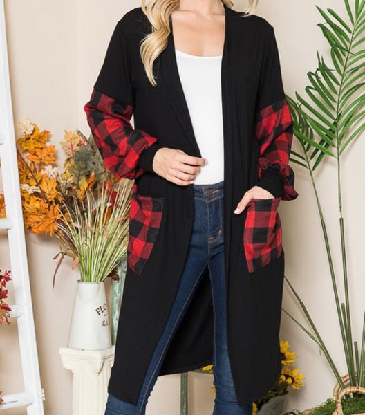 Black cardigan Buffalo plaid sleeves