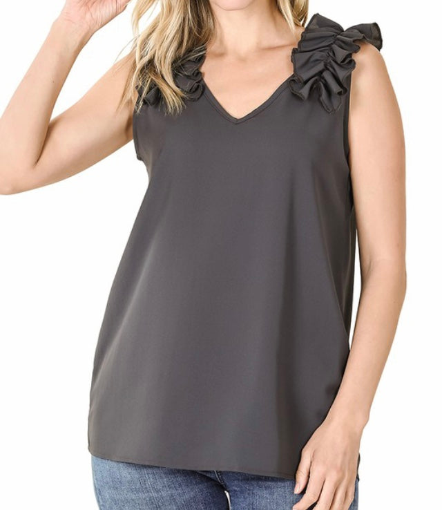 Woven ruffle trim sleeveless top