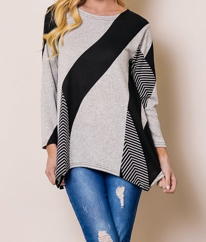 Black & grey 3/4 sleeve striped top