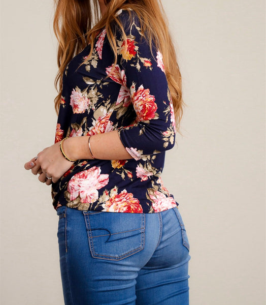 Navy floral front twist top